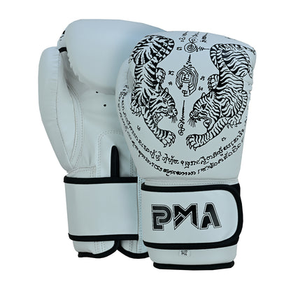 Twin Tigers Muay Thai Boxing Gloves, Shin Pads & Shorts - White
