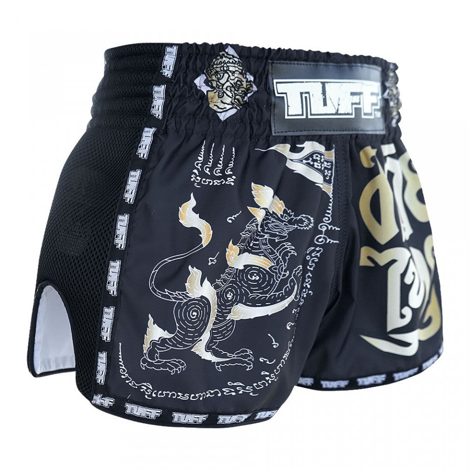 TUFF Retro Black Singha Yantra War Flag Muay Thai Shorts
