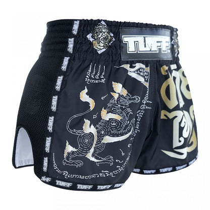 TUFF Retro Black Singha Yantra War Flag Muay Thai Shorts