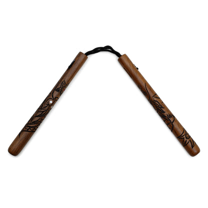 Deluxe Red Oak Carved Dragon Nunchucks Cord - PRE ORDER