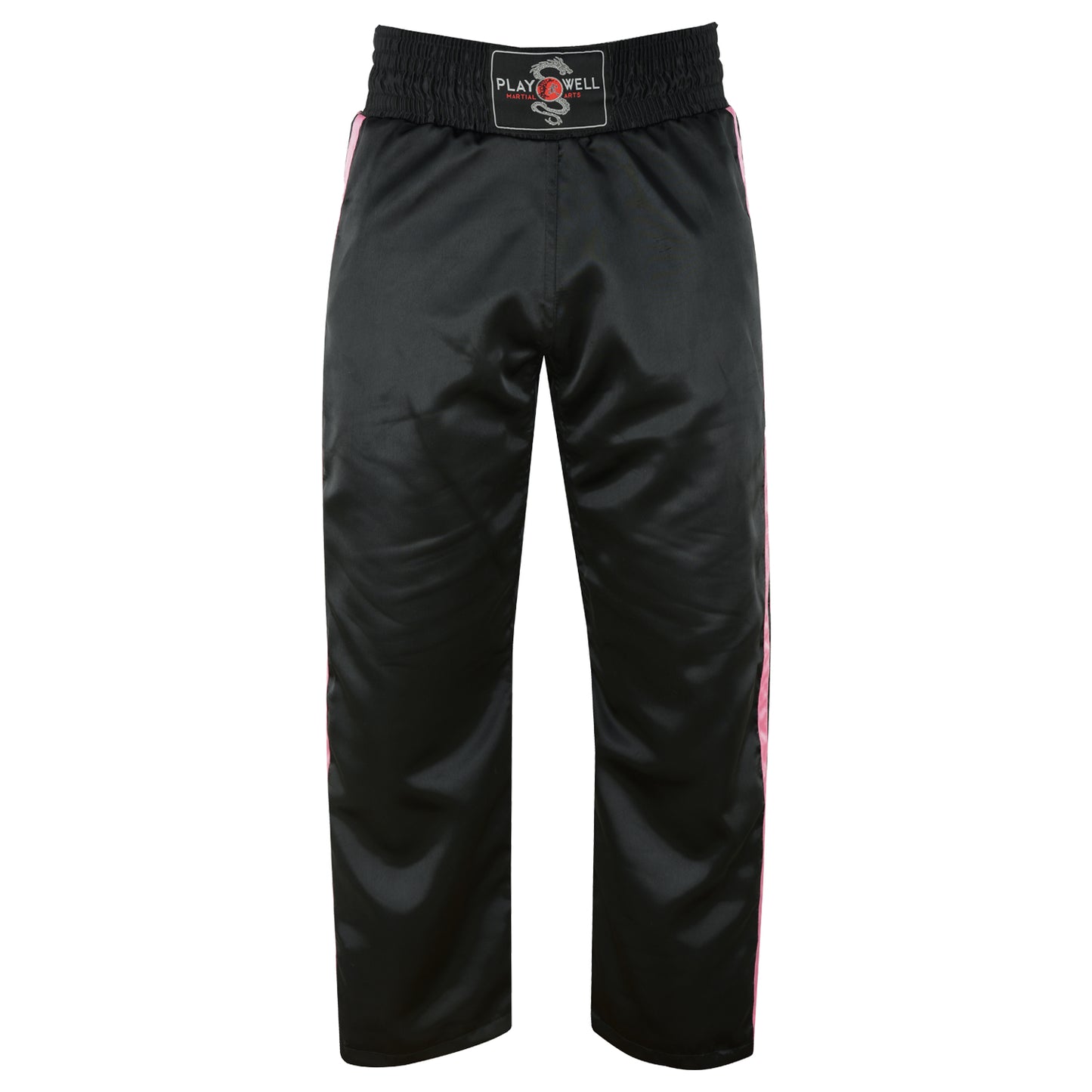 Ladies Black Satin Kickboxing Trouser - With 2 Pink Stripes